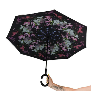 Obrátený čierny dámsky dáždnik FLOWER